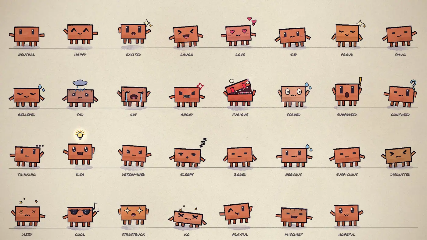 Model sheet: Clawd acting out a range of emotions